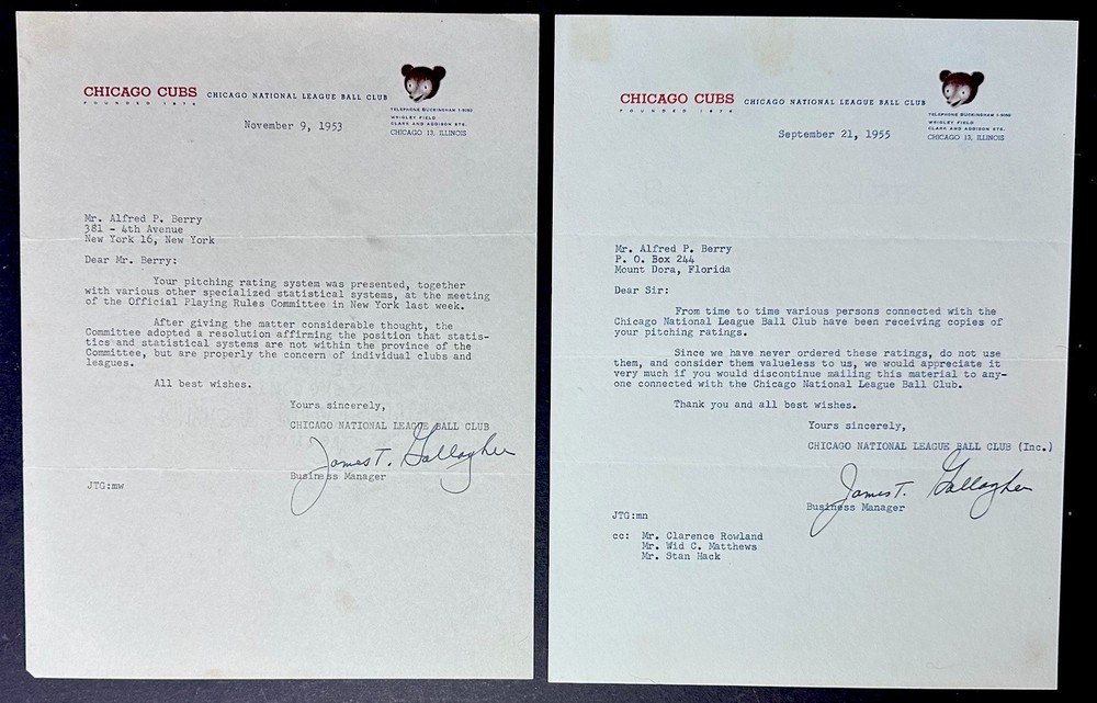 1953-55 Chicago Cubs TL Signed James Gallagher Wrigley Letter Denouncing Stats