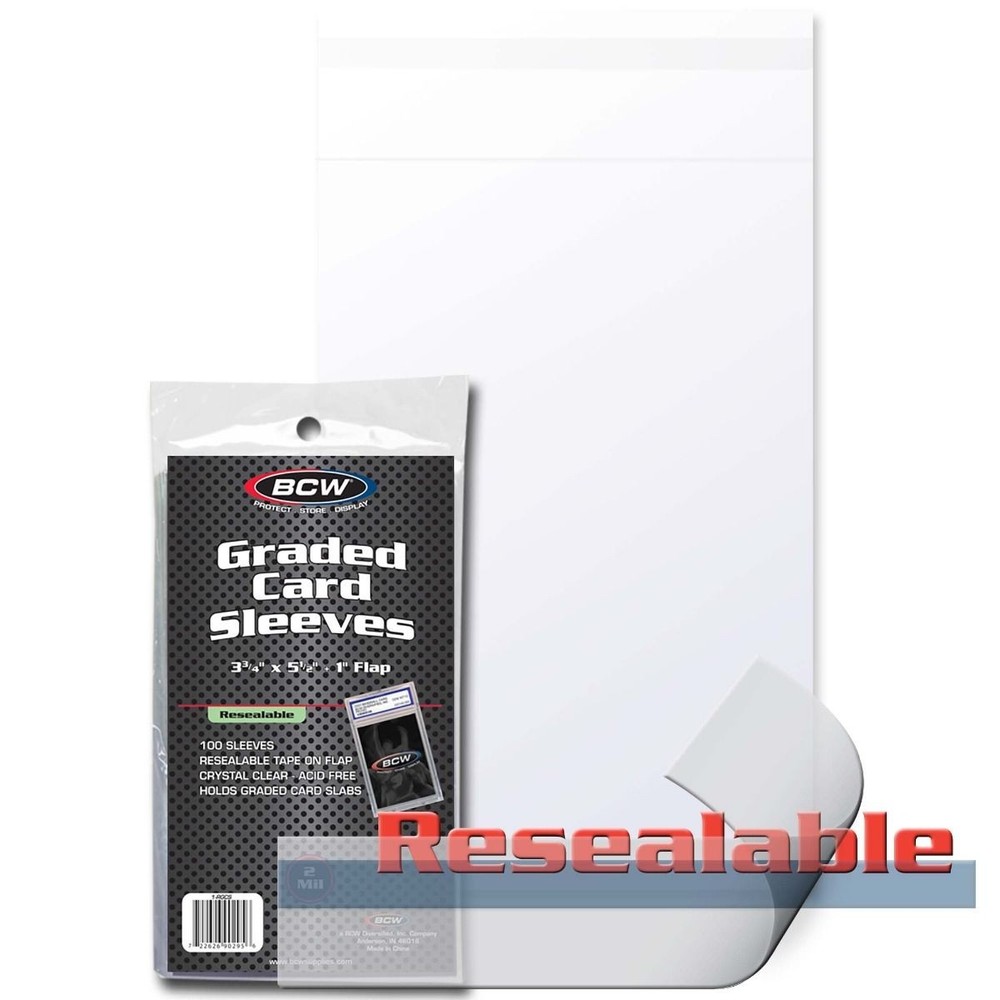 2 packs of 100 (200) BCW 3 ¾” x 5 ½” + 1″ Flap Resealable Graded Card Sleeves