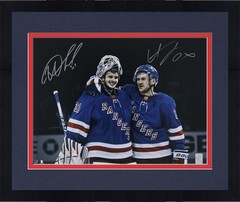 Framed Igor Shesterkin and Adam Fox Rangers Signed 16×20 Celebration Photo