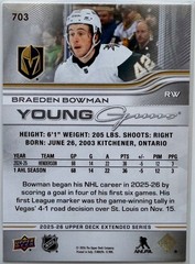 2025-26 UD Extended Series #703 Young Guns Braeden Bowman – Golden Knights