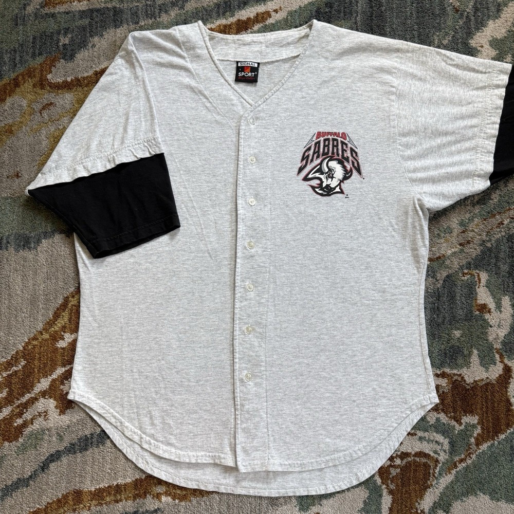 Vtg 90s Buffalo Sabres Baseball Jersey Style Shirt Grey Large NHL Hockey