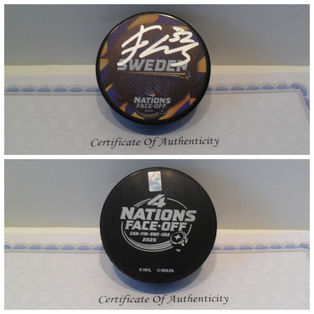Filip Gustavsson Signed Sweden 4 Nations Face Off Puck COA Minnesota Wild