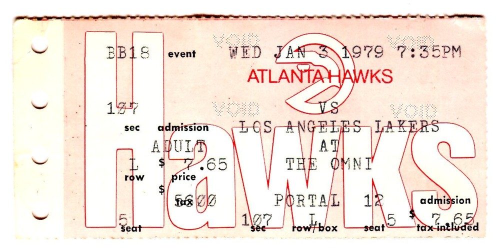 1/3/79 LAKERS/HAWKS TICKET STUB…KAREEM ABDUL-JABBAR=18 PTS…LAKERS WON, 99-96