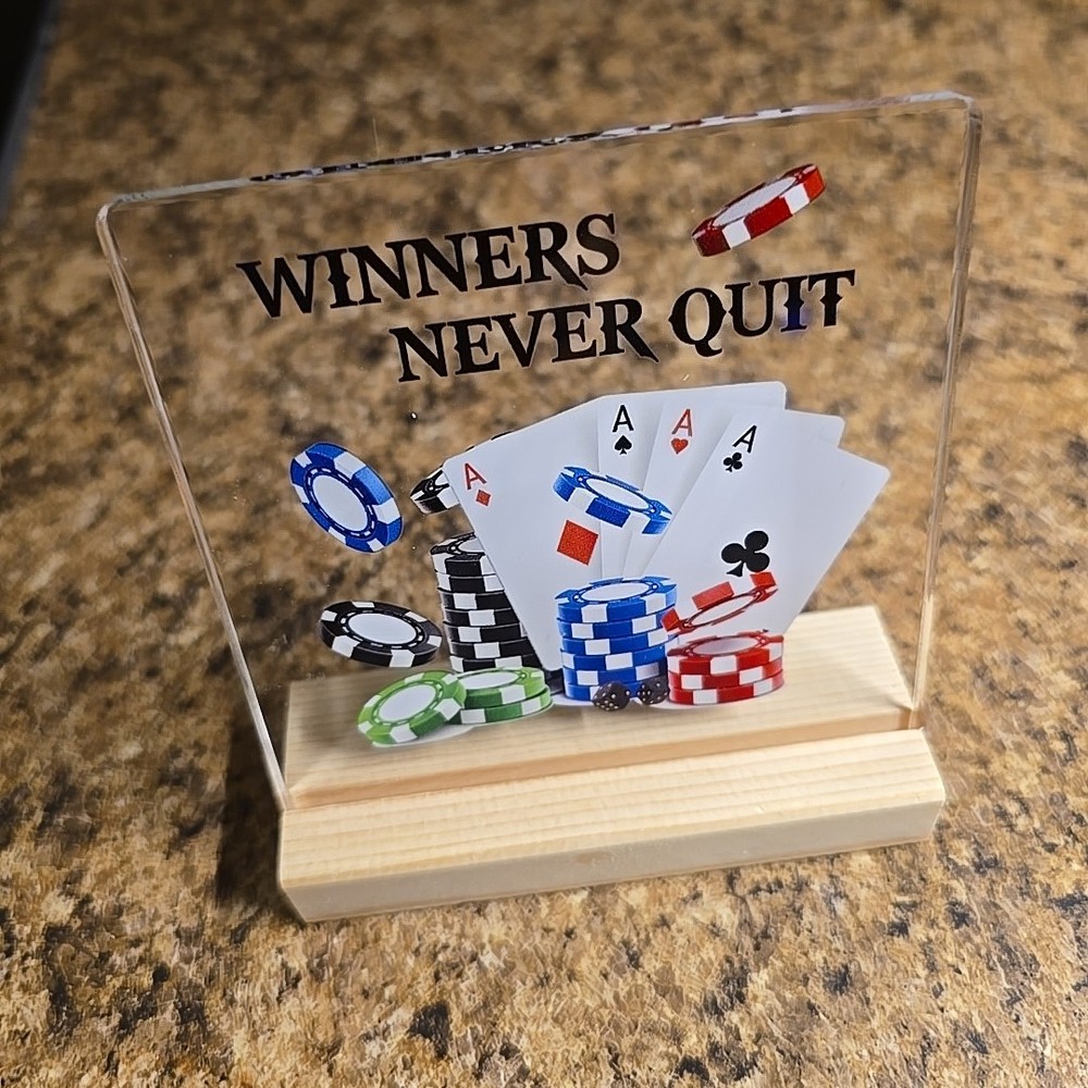 Winners Never Quit Poker Trophy With wooden Stand Winner Acrylic Clear Minicards