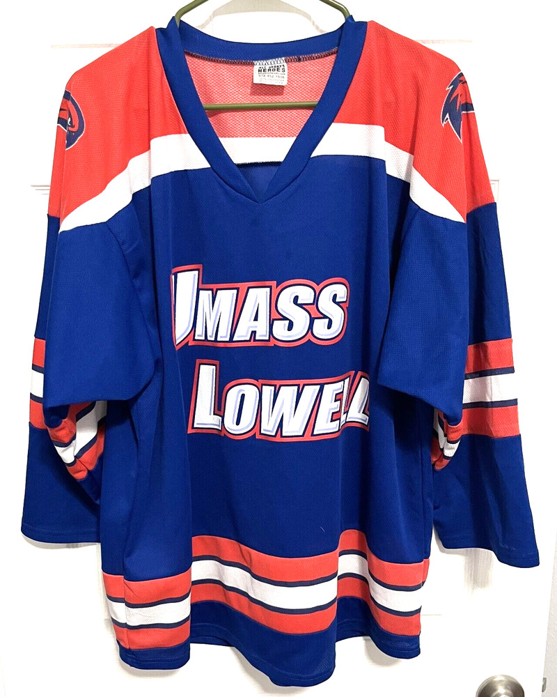 UMass Lowell River Hawks Men Blue Orange White Hockey Jersey L All Sports Heroes