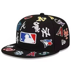 “BOXED” MLB Teams Patch Logos All-Over Black/White 59FlFTY Fitted Cap-5950 Hat