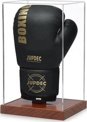 Jupdec Boxing Glove Display Case, Clear Acrylic Showcase with Wood Base & Plank