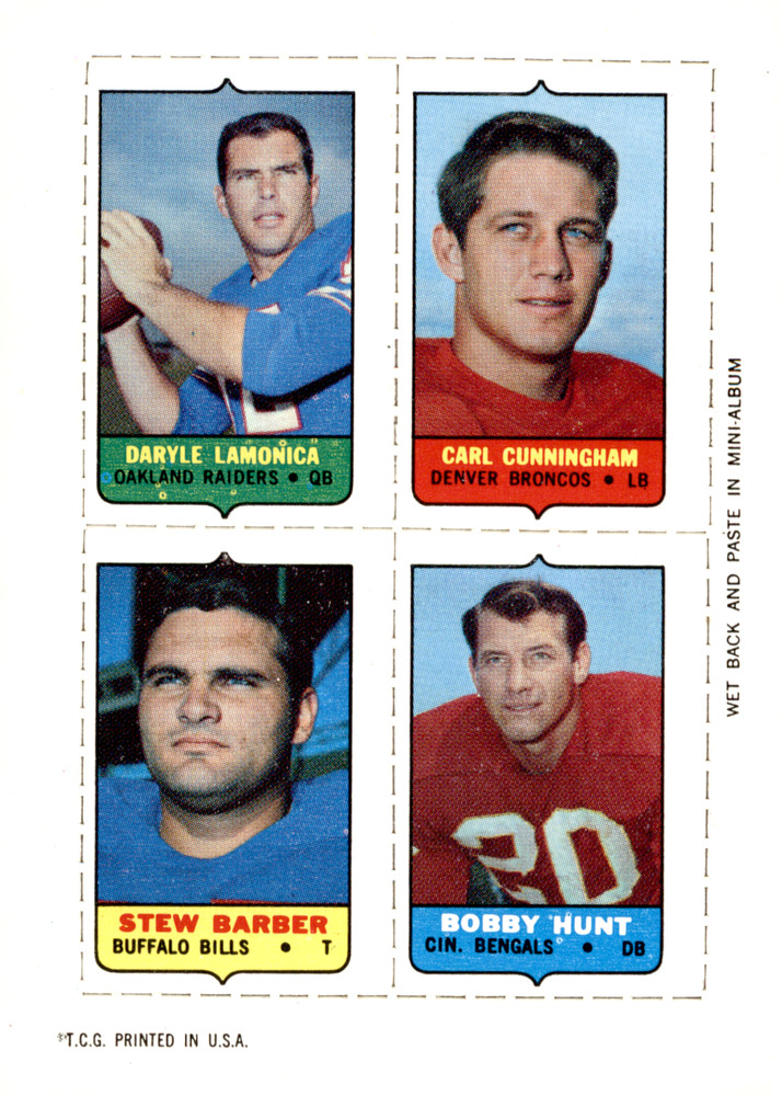 1969 Topps Football 4-in-1 Mini Stamp Panel Lamonica/Robinson/Barnes/Hunt