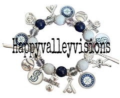 Women’s SEATTLE MARINERS Baseball Charm Bracelet Metal Glass Charms Stretchy