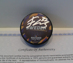 Filip Gustavsson Signed Sweden 4 Nations Face Off Puck COA Minnesota Wild