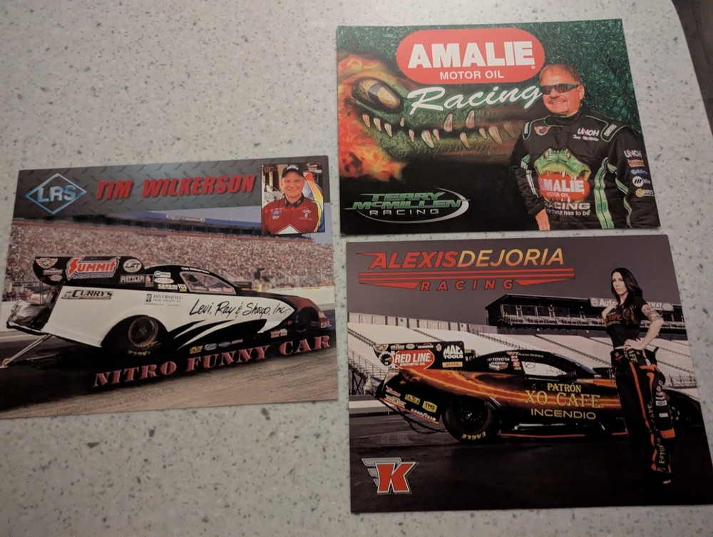 3 8-1/2 X 11 Auto Race Cards Tim Wilkeson Alexis DeJoria Terry McMillen