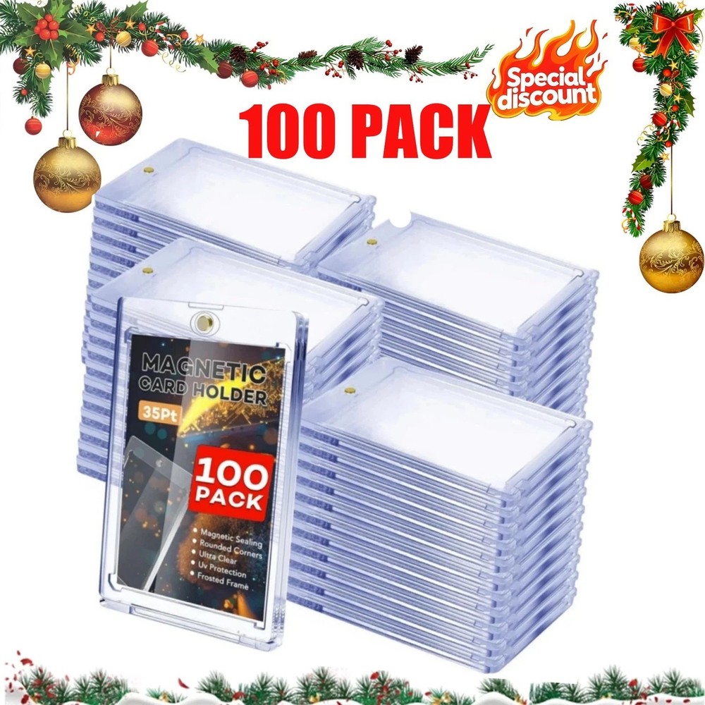 100 Pack Magnetic Trading Sports Card Holders 35pt One-Touch Hard UV Protection